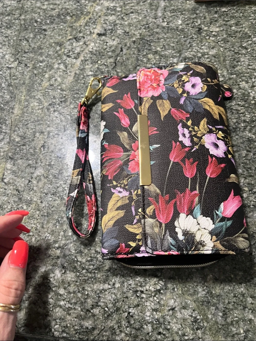Mindi Floral Black Wristlet Wallet with Gold Bar Accent